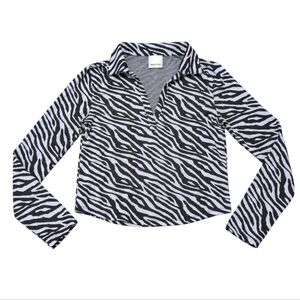 Industry Zebra Print Long Sleeve Collared Semi Crop Top Women's Small‎